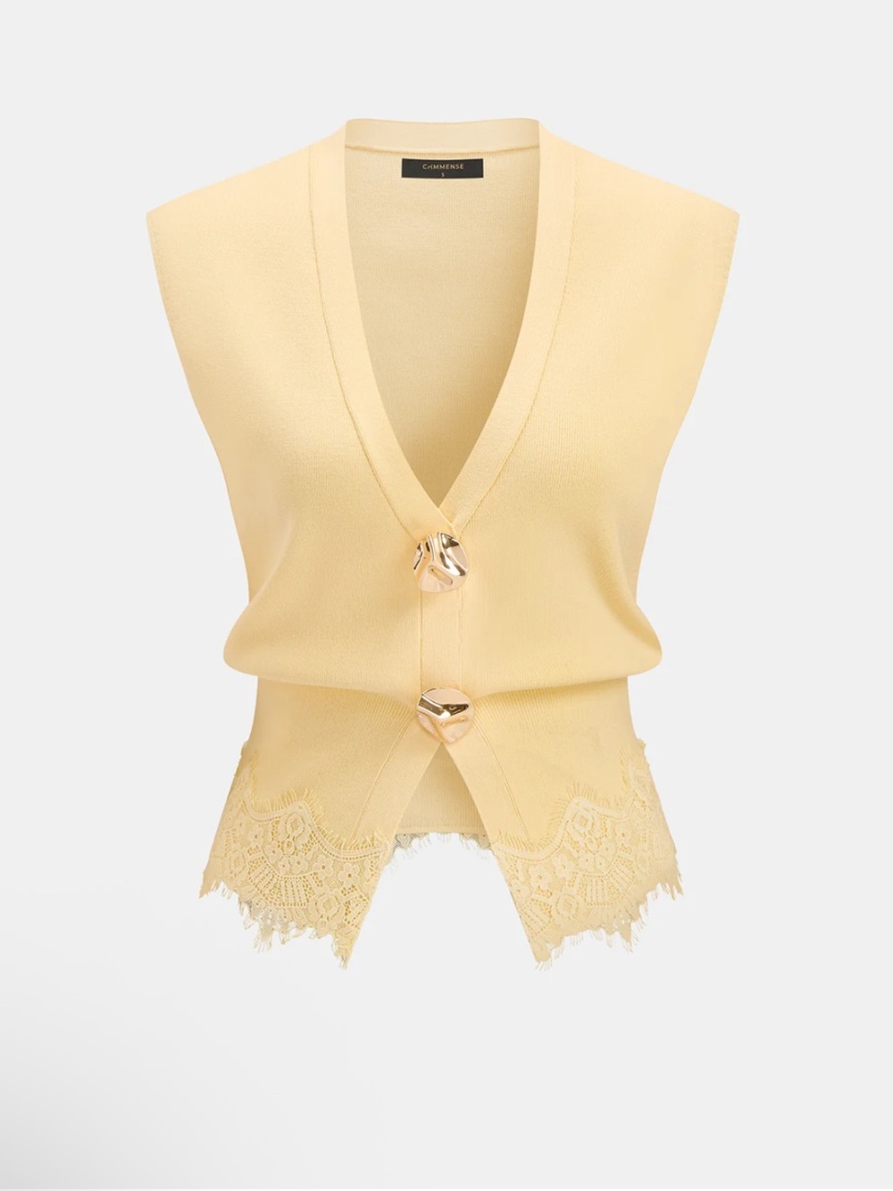 Commense Cream Lace-Hem Sleeveless Knit Vest with Gold Buttons